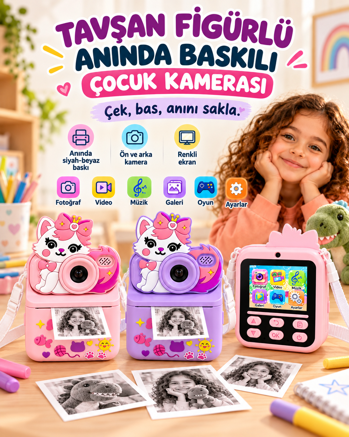 KEDİ FİGÜRLÜ ANINDA BASKILI ÇOCUK FOTOĞRAF MAKİNESİ