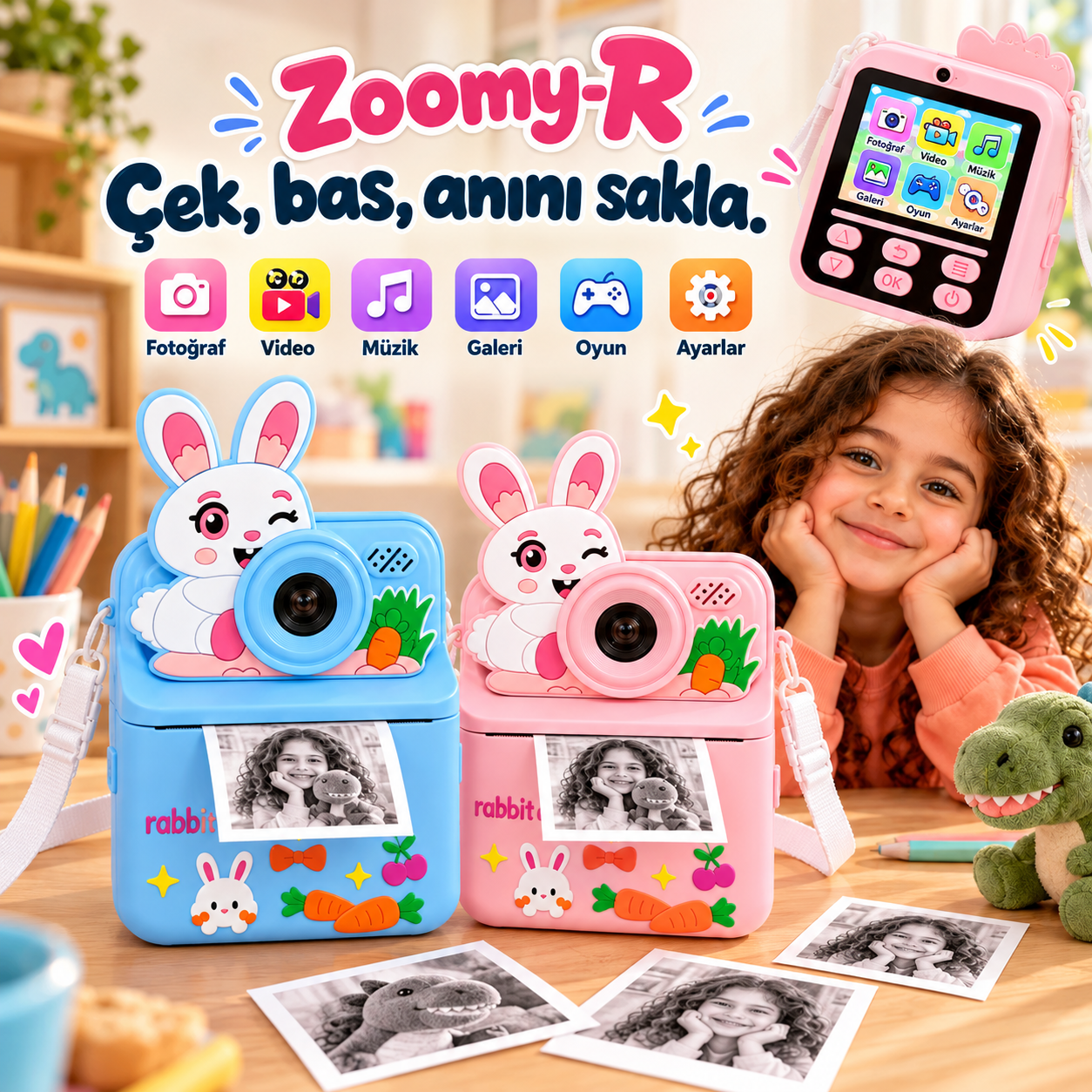 TAVŞAN FİGÜRLÜ ANINDA BASKILI ÇOCUK FOTOĞRAF MAKİNESİ
