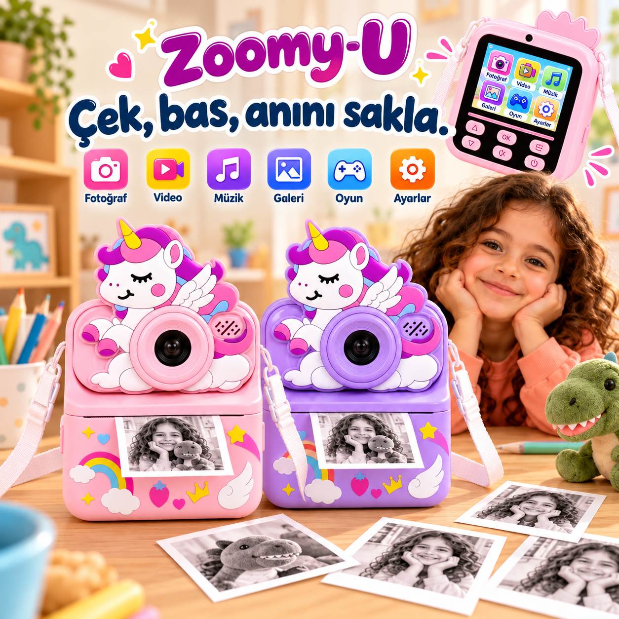 UNİCORN FİGÜRLÜ ANINDA BASKILI ÇOCUK FOTOĞRAF MAKİNESİ