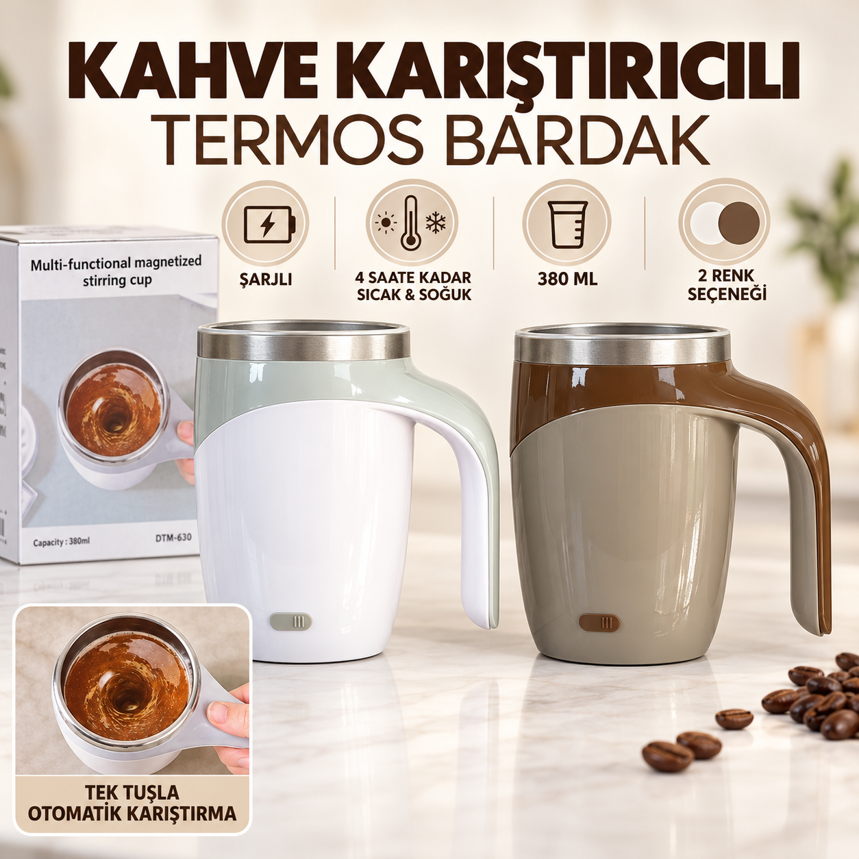 ŞARJLI KAHVE KARIŞTIRICILI TERMOS BARDAK – 380 ML