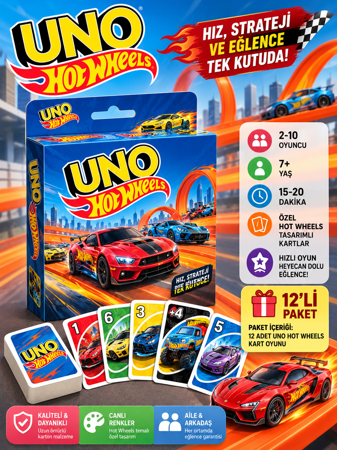 HOT WHEELS ARABALAR KARAKTERLİ UNO KART OYUNU – 12’Lİ PAKET