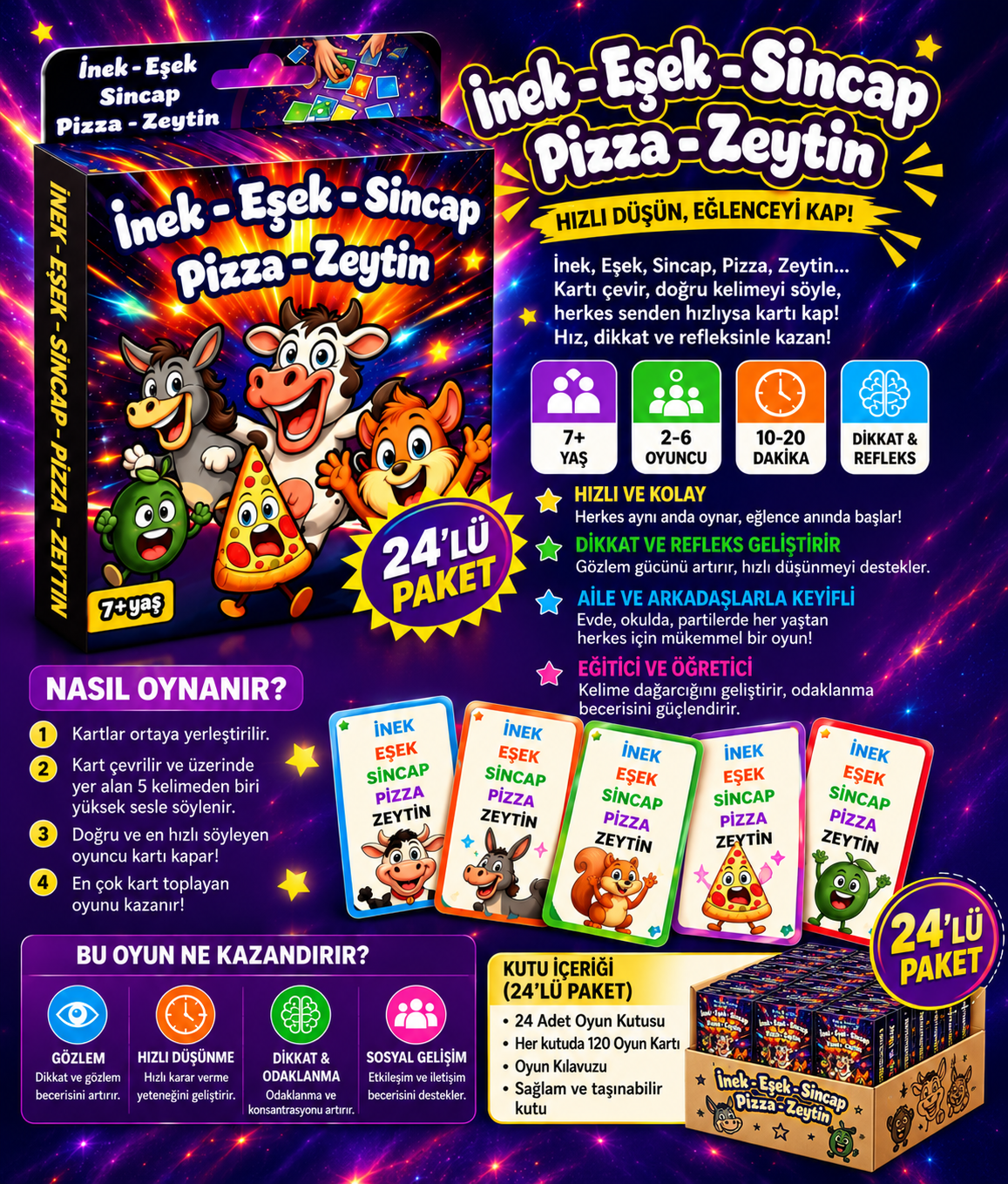İNEK – EŞEK – SİNCAP – PİZZA – ZEYTİN KART OYUNU 24'LÜ PAKET