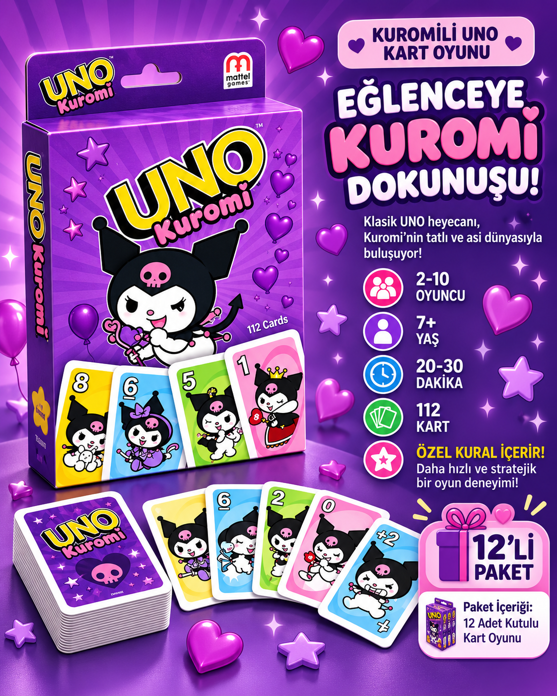 KUROMİ KARAKTERLİ UNO KART OYUNU – 12’Lİ PAKET