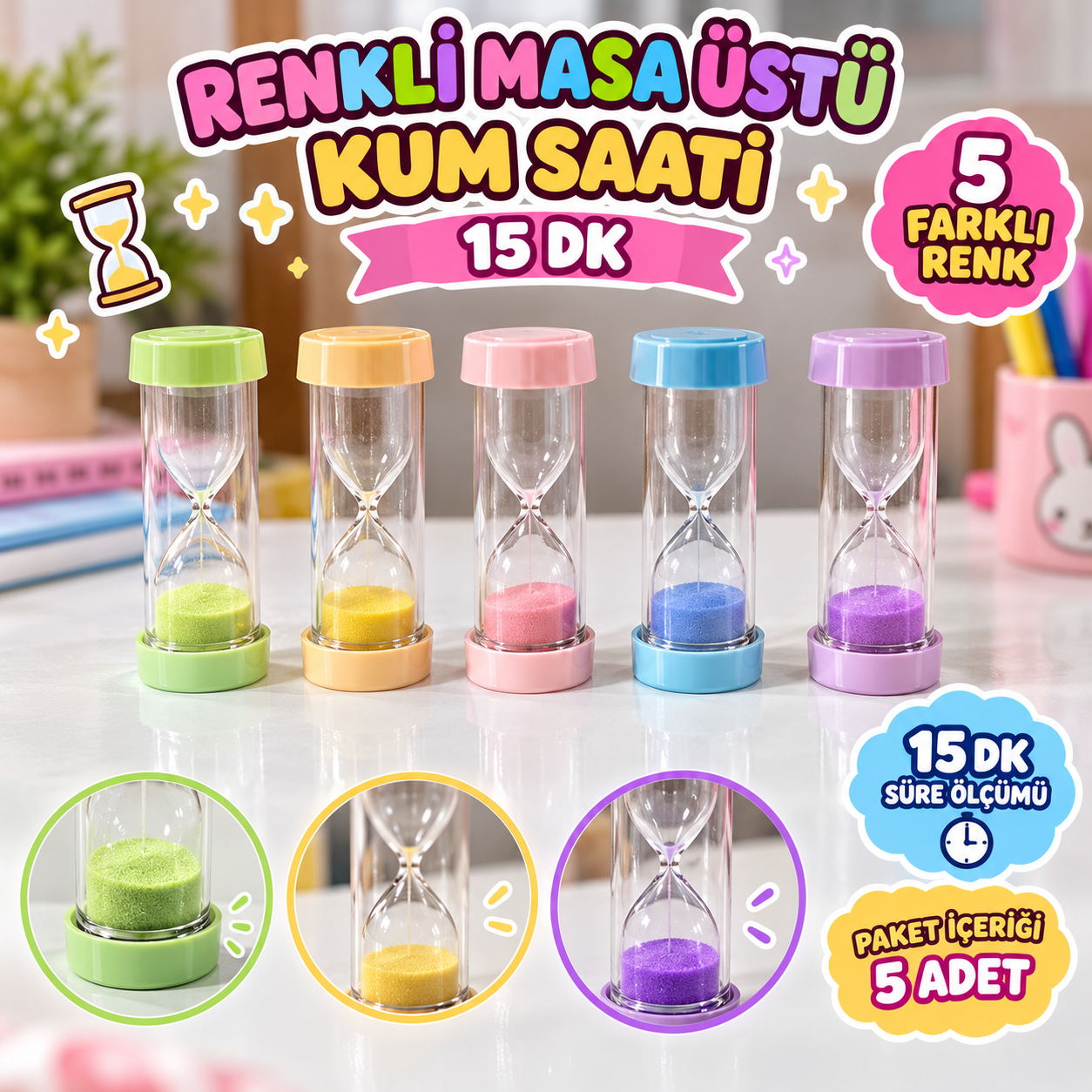 RENKLİ MASA ÜSTÜ KUM SAATİ – 15 DK