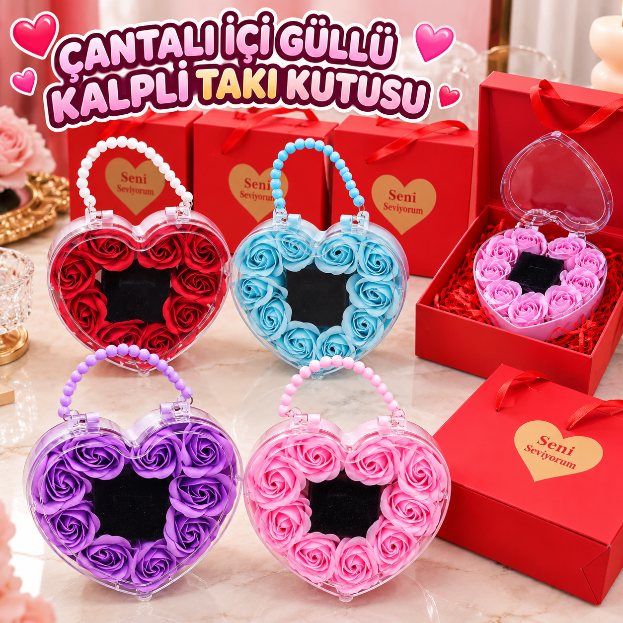 ÇANTALI İÇİ GÜLLÜ KALPLİ TAKI KUTUSU